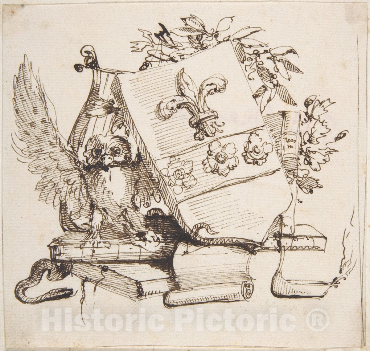 Art Print : Carlo Bianconi - Drawing of a Decorated Coat of Arms Surrounded by Books, Owl, Leaves, Vase and a Snake : Vintage Wall Art