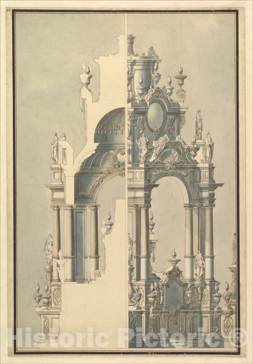 Art Print : Workshop of Giuseppe Galli Bibiena - Elevation and Section for a Catafalque for The Dauphin of France, d. 1711 : Vintage Wall Art