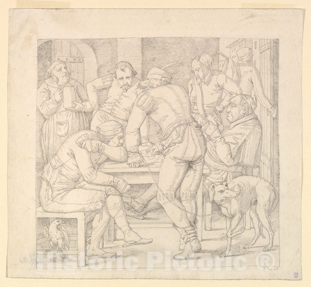 Art Print : Paul Mila - Five Men at a Table in German Renaissance Costume, Playing Cards in an inn : Vintage Wall Art