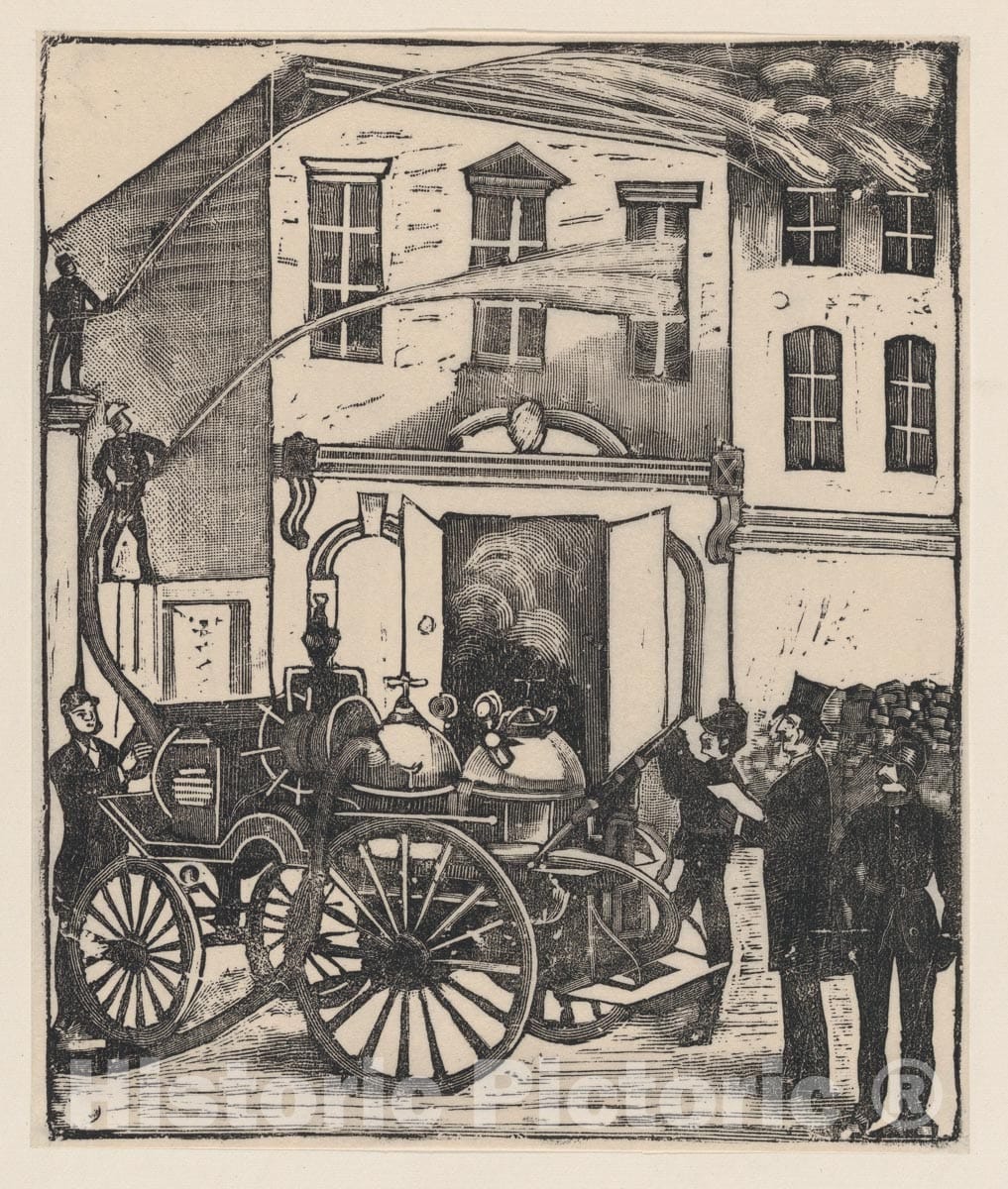 Art Print : José Guadalupe Posada - Firefighters Putting Out a fire in a House, Firetruck in Foreground : Vintage Wall Art