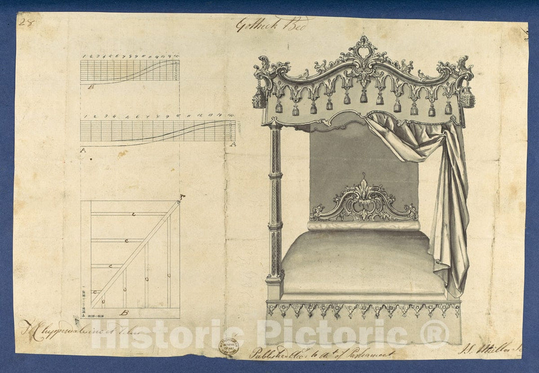 Art Print : Thomas Chippendale - Gothick Gothic Bed, in Chippendale Drawings, Vol. I 2 : Vintage Wall Art