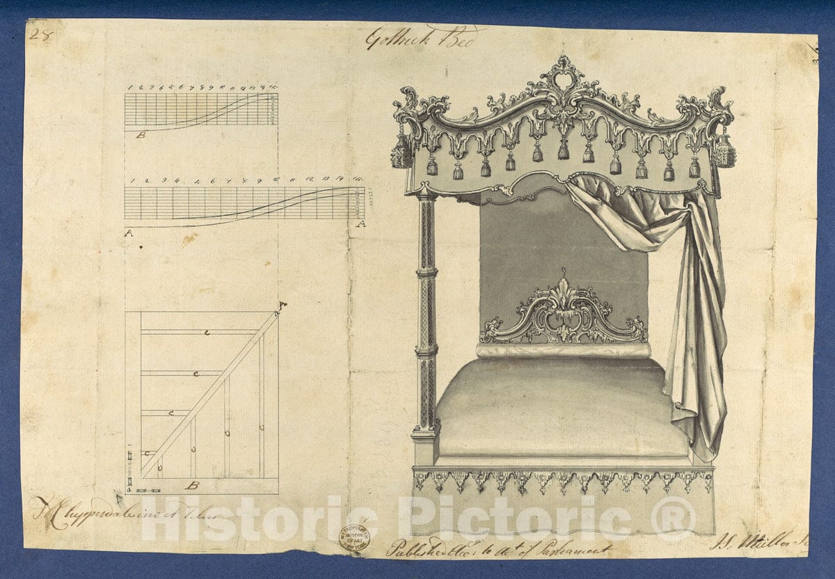 Art Print : Thomas Chippendale - Gothick Gothic Bed, in Chippendale Drawings, Vol. I 2 : Vintage Wall Art