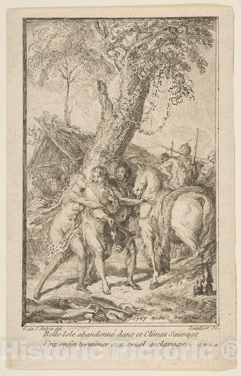 Art Print : Gabriel de Saint-Aubin - Fuite de M. de Belle-Isle, prisonnier Chez les Attakapas : Vintage Wall Art