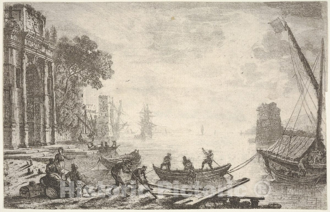 Art Print : Claude Lorrain (Claude Gellée) - Harbor with Rising Sun, Figures in Foreground, Colonnade on Left : Vintage Wall Art