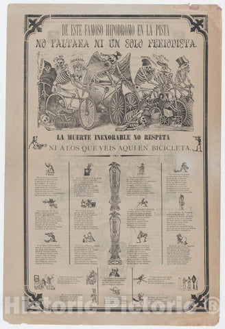 Art Print : Broadsheet, on Recto Skeletons Riding bicyles - Artist: Jose Guadalupe Posada - Created: c1900 : Vintage Wall Art
