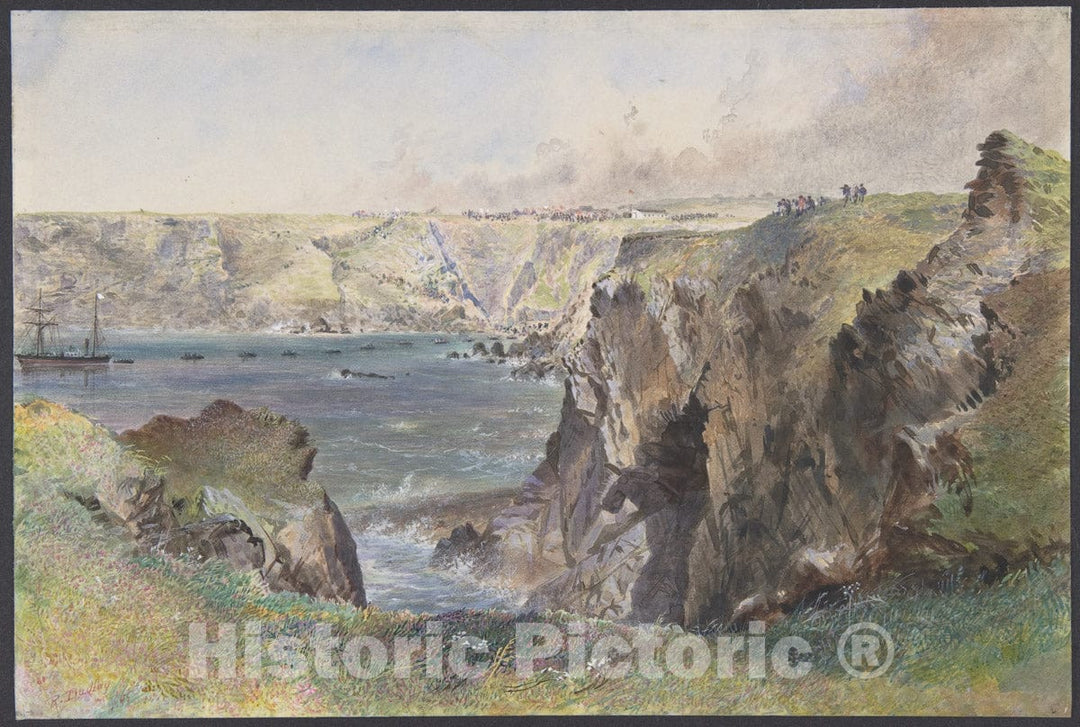 Art Print : Robert Charles Dudley - Foilhummerum Bay, Valentia, from Cromwell Fort: The Caroline Laying The Earthwire on July 21st, 1865 : Vintage Wall Art