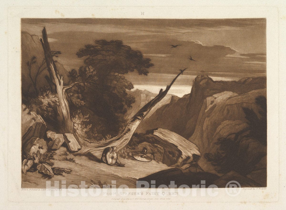 Art Print : Designed and Etched by Joseph Mallord William Turner - from Spenser's Fairy Queen (Liber Studiorum, Part VII, Plate 36) 1 : Vintage Wall Art