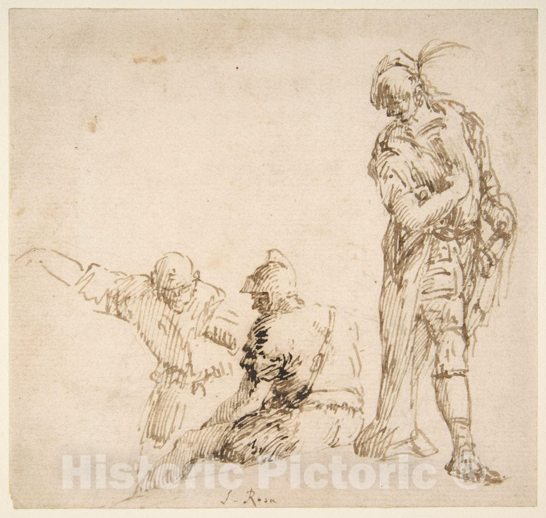 Art Print : Traditionally attributed Salvator Rosa - Figure Studies: Seated and Standing Men : Vintage Wall Art