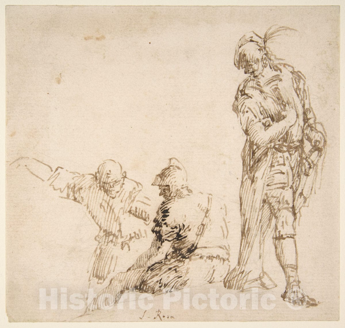 Art Print : Traditionally attributed Salvator Rosa - Figure Studies: Seated and Standing Men : Vintage Wall Art