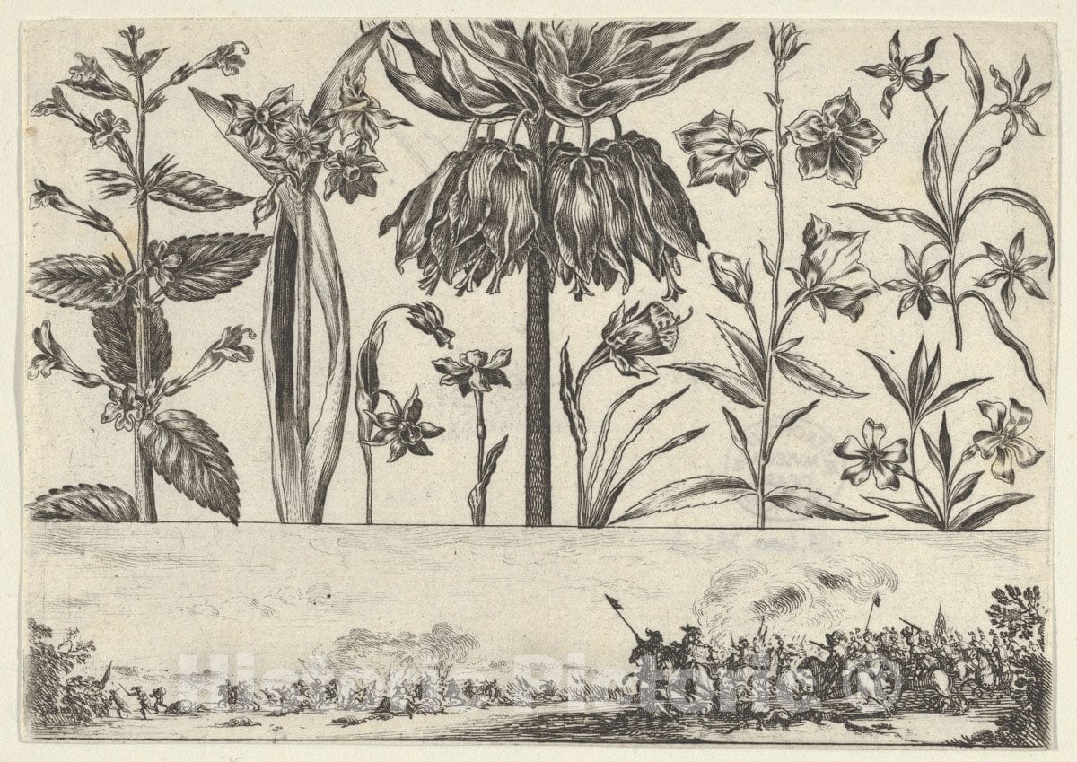 Art Print : Nicolas Cochin - Horizontal Panel with a Row of Flowers Above a Frieze with a Battle Scene in a Landscape, from Livre Nouveau de Fleurs Tres-Util 3 : Vintage Wall Art