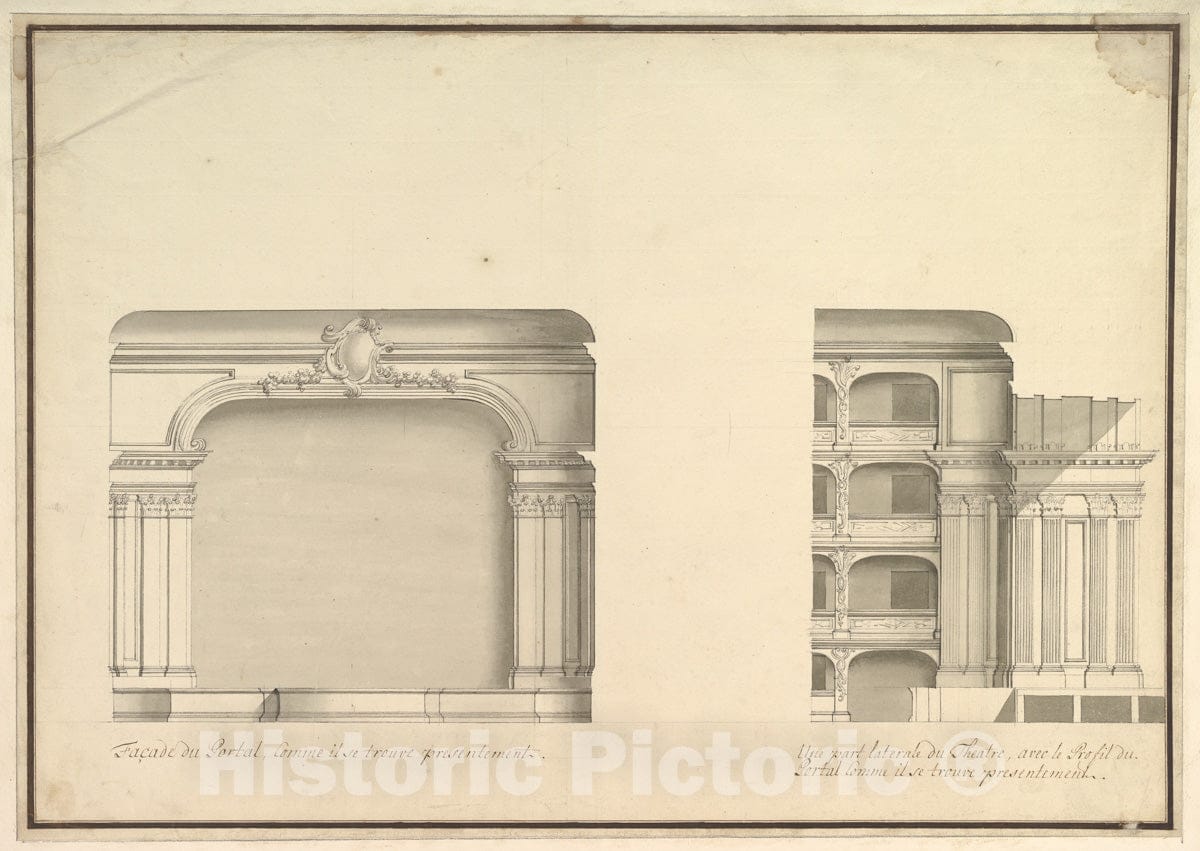 Art Print : Workshop of Giuseppe Galli Bibiena - Elevation of Proscenium and Lateral View : Vintage Wall Art