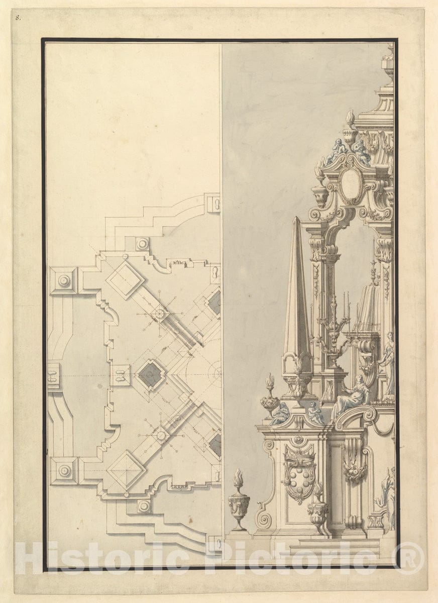 Art Print : Giuseppe Galli Bibiena - Half Ground Plan and Half Elevation of a Catafalque for Cosimo III dei Medici, Grand Duke of Tuscany (1642-1723) : Vintage Wall Art
