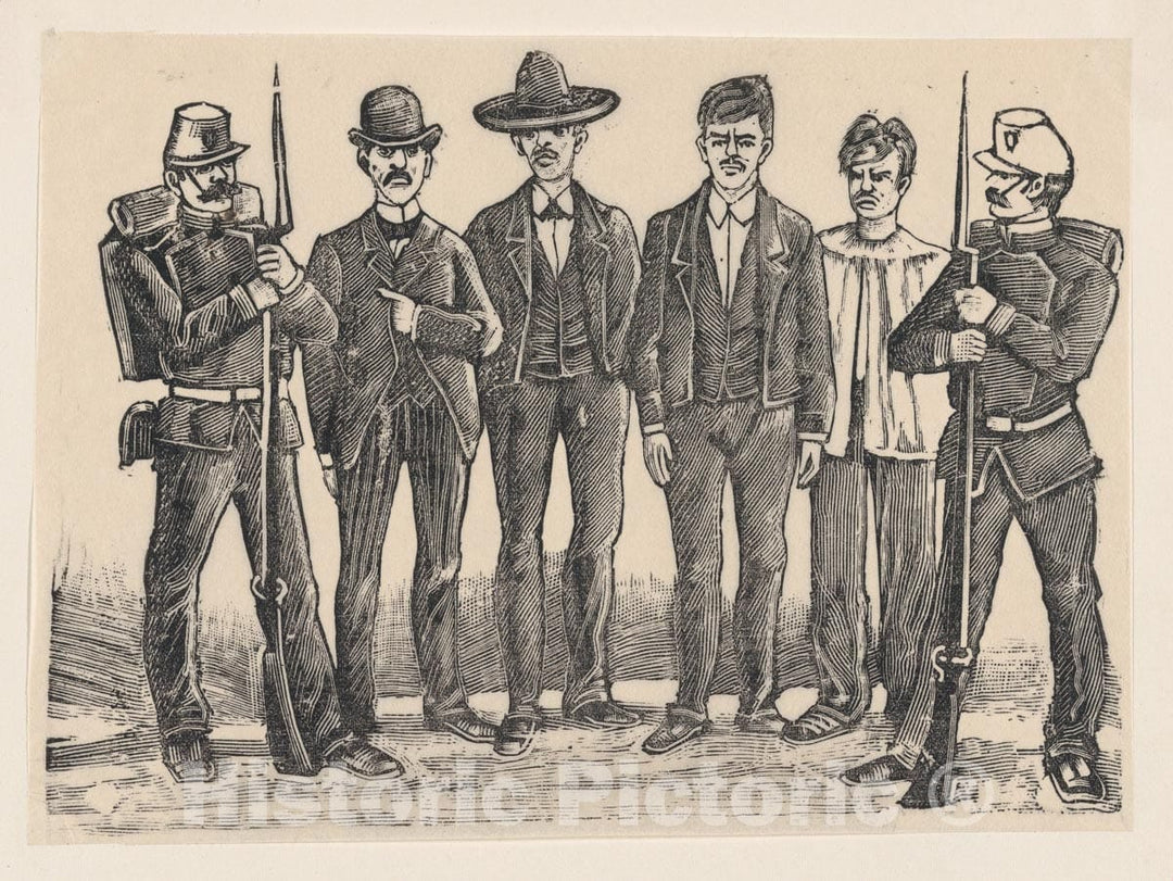 Art Print : Four Criminals Standing in a line flanked by Officers - Artist: Jose Guadalupe Posada - Created: 1892 : Vintage Wall Art