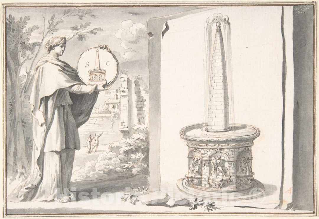 Art Print : Jan Goeree - Female Figure Holding a Coin and Image of a Fountain : Vintage Wall Art