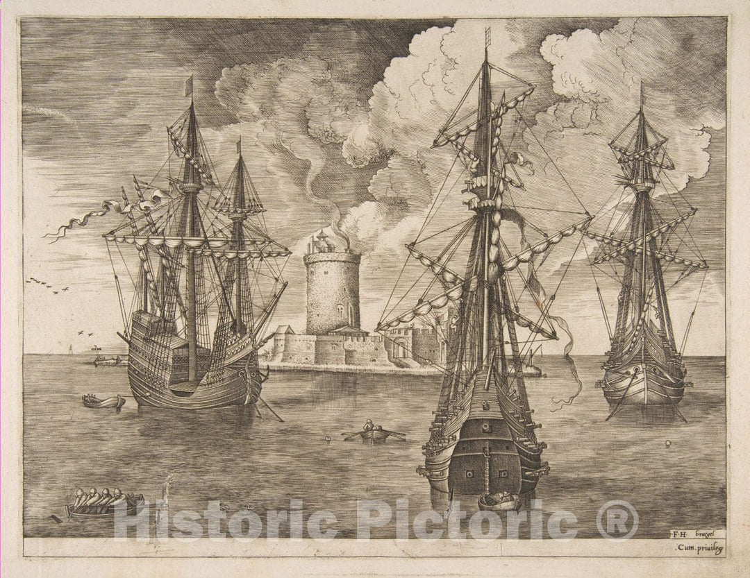 Art Print : Pieter Bruegel The Elder - Four-Master (Left) and Two Three-Masters Anchored Near a Fortified Island with a Lighthouse from The Sailing Vessels : Vintage Wall Art