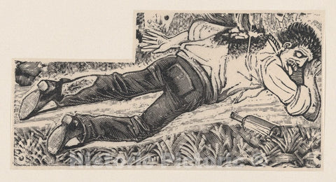 Art Print : José Guadalupe Posada - A Drunken Man with a Bottle at his Side in a Field : Vintage Wall Art