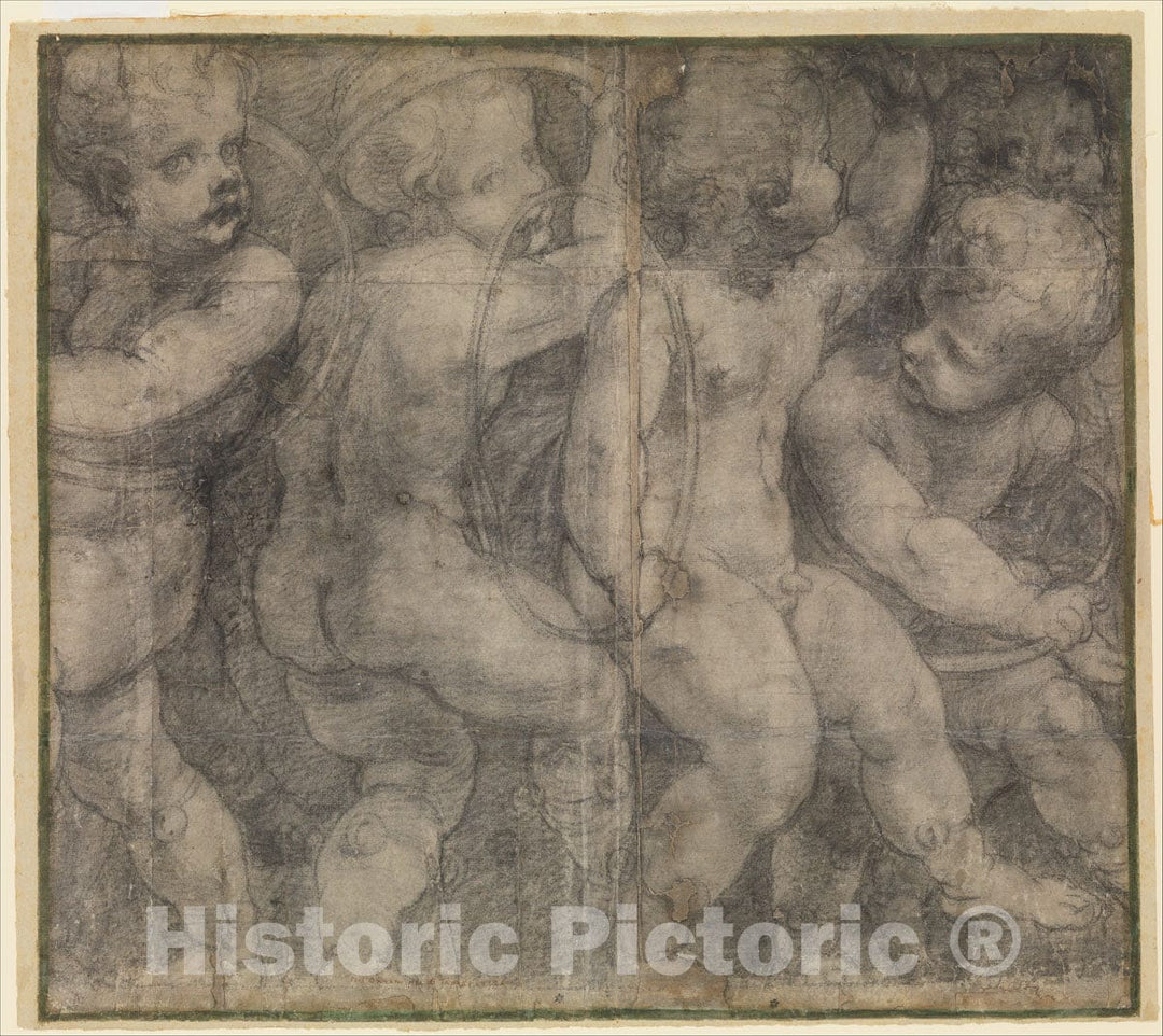 Art Print : Michelangelo Anselmi - Putti Playing with Hoops (Cartoon for a Fresco in The Parma Cathedral) : Vintage Wall Art