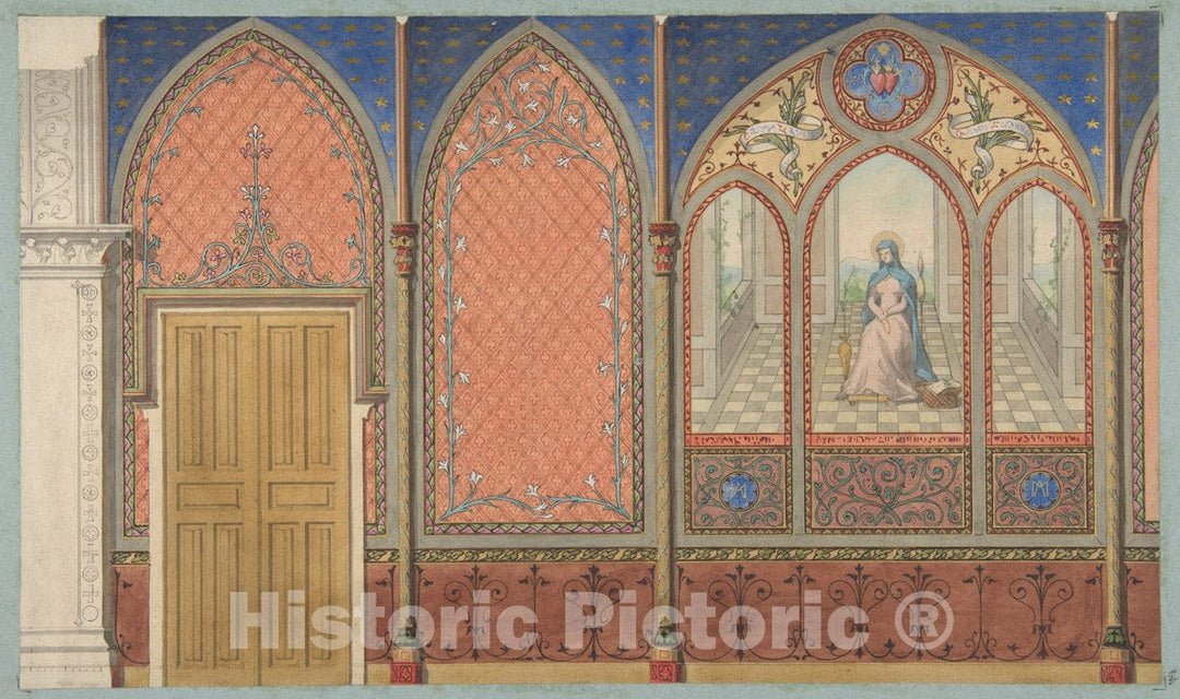 Art Print : Jules-Edmond-Charles Lachaise - Elevation of a Church or Chapel with Designs for Ornament and a Painted Triptych of The Virgin Mary : Vintage Wall Art