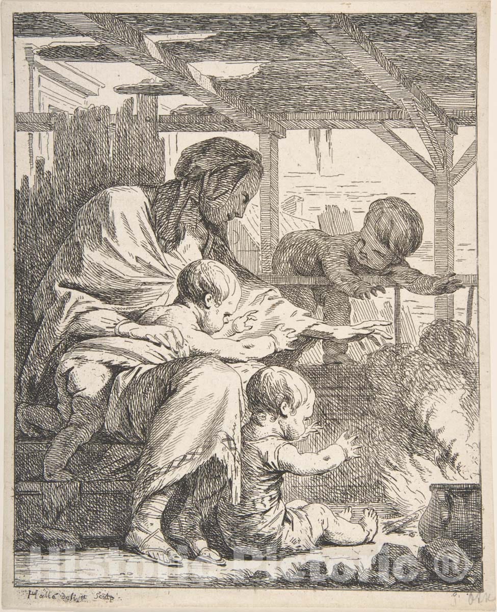 Art Print : Noël Hallé - Family Warming Their Hands by a Fire : Vintage Wall Art