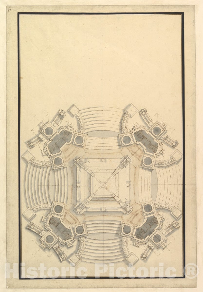 Art Print : Workshop of Giuseppe Galli Bibiena - Ground Plan for a Catafalque for The King of Sardinia, Vittorio Amedeo (d.1732) : Vintage Wall Art