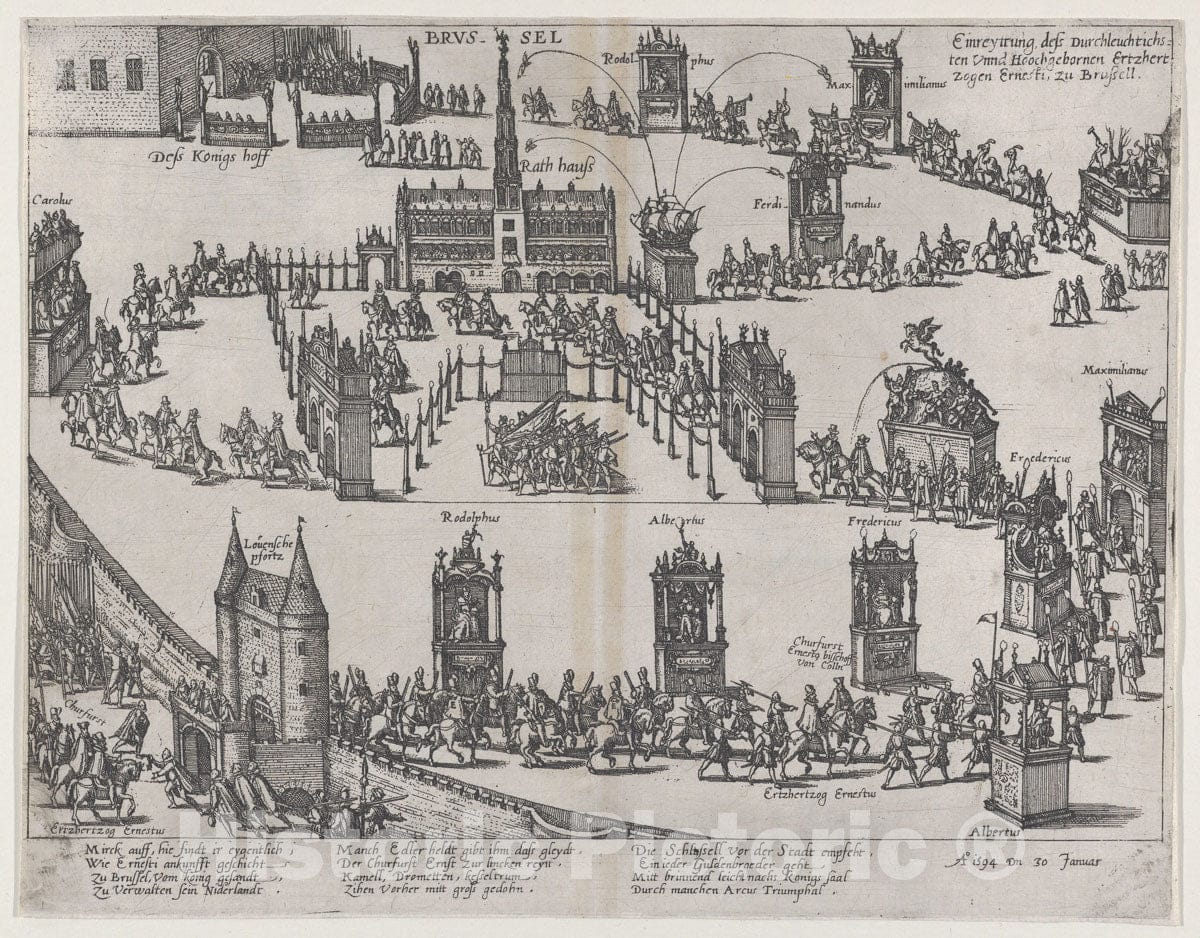Art Print : Anonymous, German, 16th Century - Entrance of The Archduke Ernest to Brussels, January 30, 1594 : Vintage Wall Art