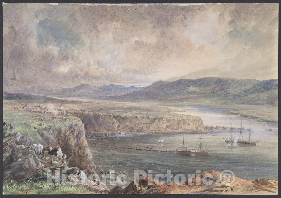 Art Print : Robert Charles Dudley - Foilhummerum Bay, Valentia, Looking from Cromwell Fort: The Caroline and Boats Laying The Earth Wire, July 21st, 1865 : Vintage Wall Art