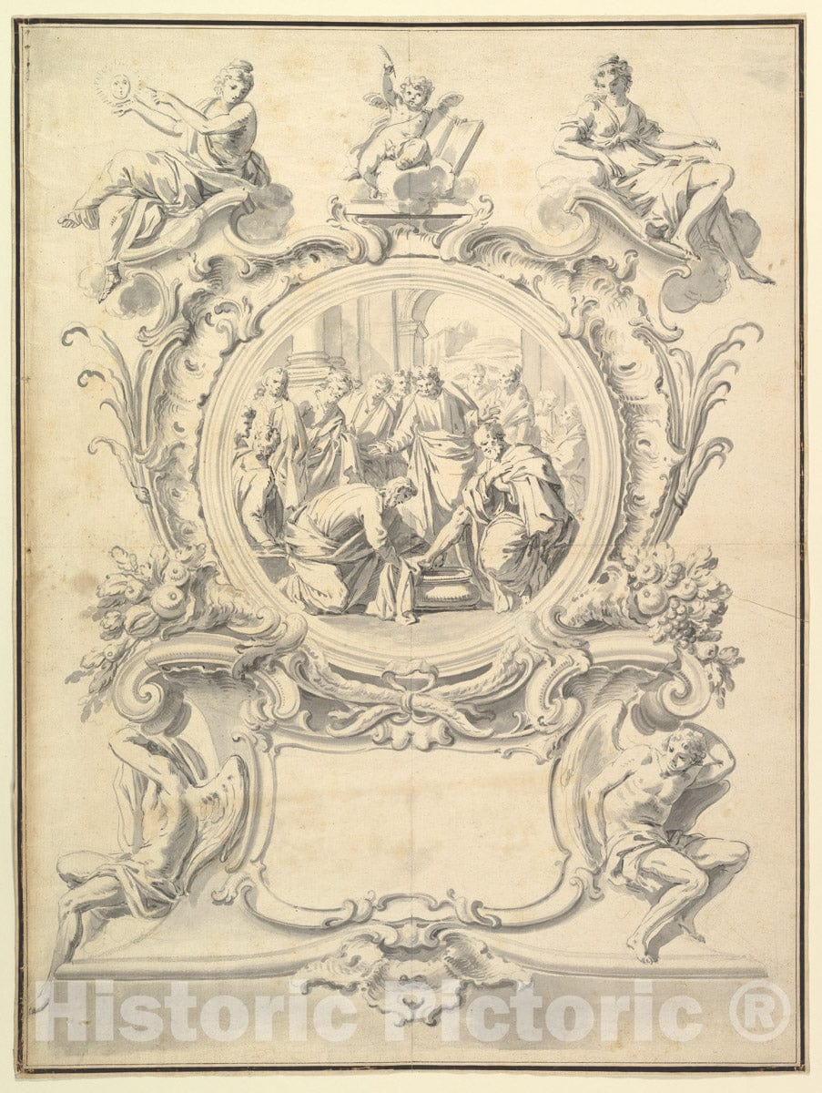 Art Print : German, 19th Century - Elaborately Framed Roundel of Christ Washing The Feel of The Apostles : Vintage Wall Art
