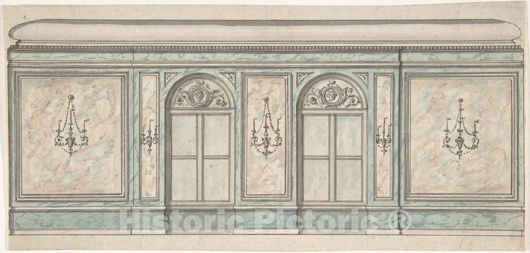 Art Print : British, 19th Century - Elevation of a Wall with Two Windows and Five Wall Lights : Vintage Wall Art