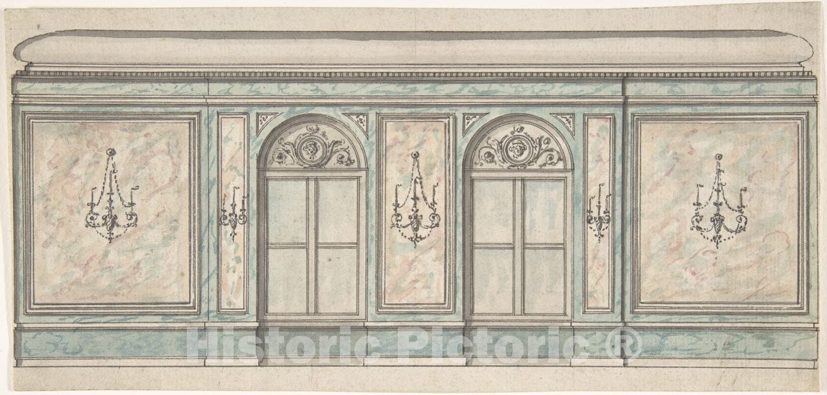 Art Print : British, 19th Century - Elevation of a Wall with Two Windows and Five Wall Lights : Vintage Wall Art