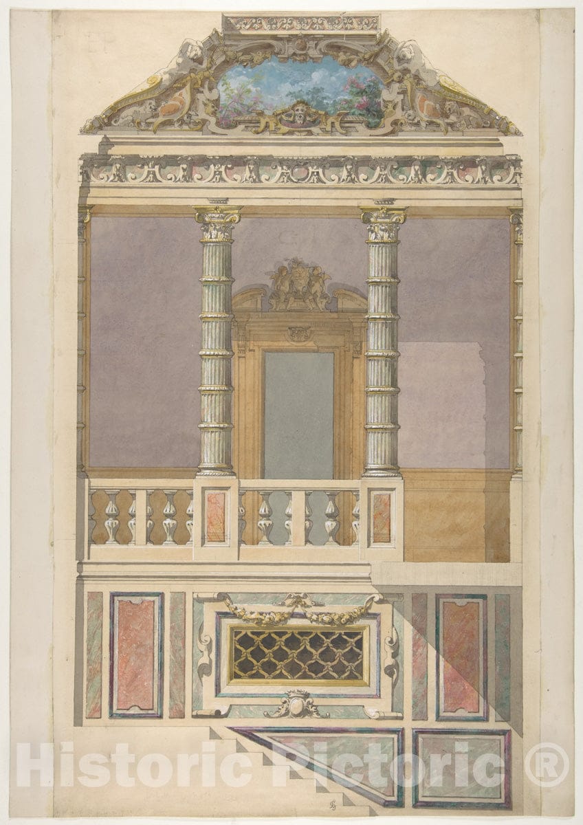 Art Print : Jules-Edmond-Charles Lachaise - Elevation of an Italianate Interior, Including Steps and an Upper Loggia Decorated in Composite Columns : Vintage Wall Art
