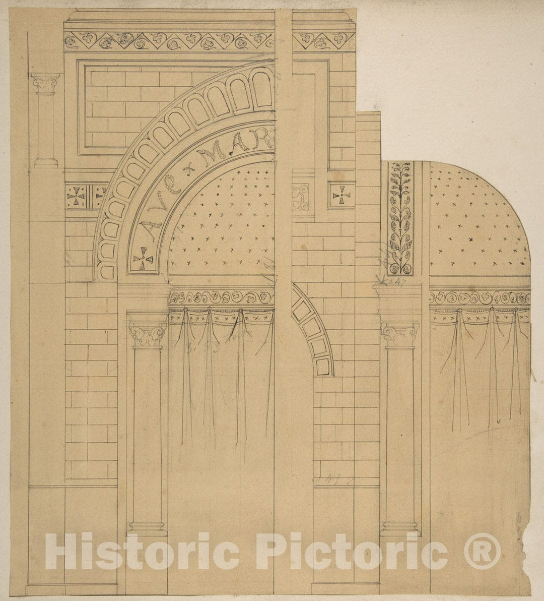 Art Print : Jules-Edmond-Charles Lachaise - Elevation of a Wall Design, Possibly for a Chapel : Vintage Wall Art