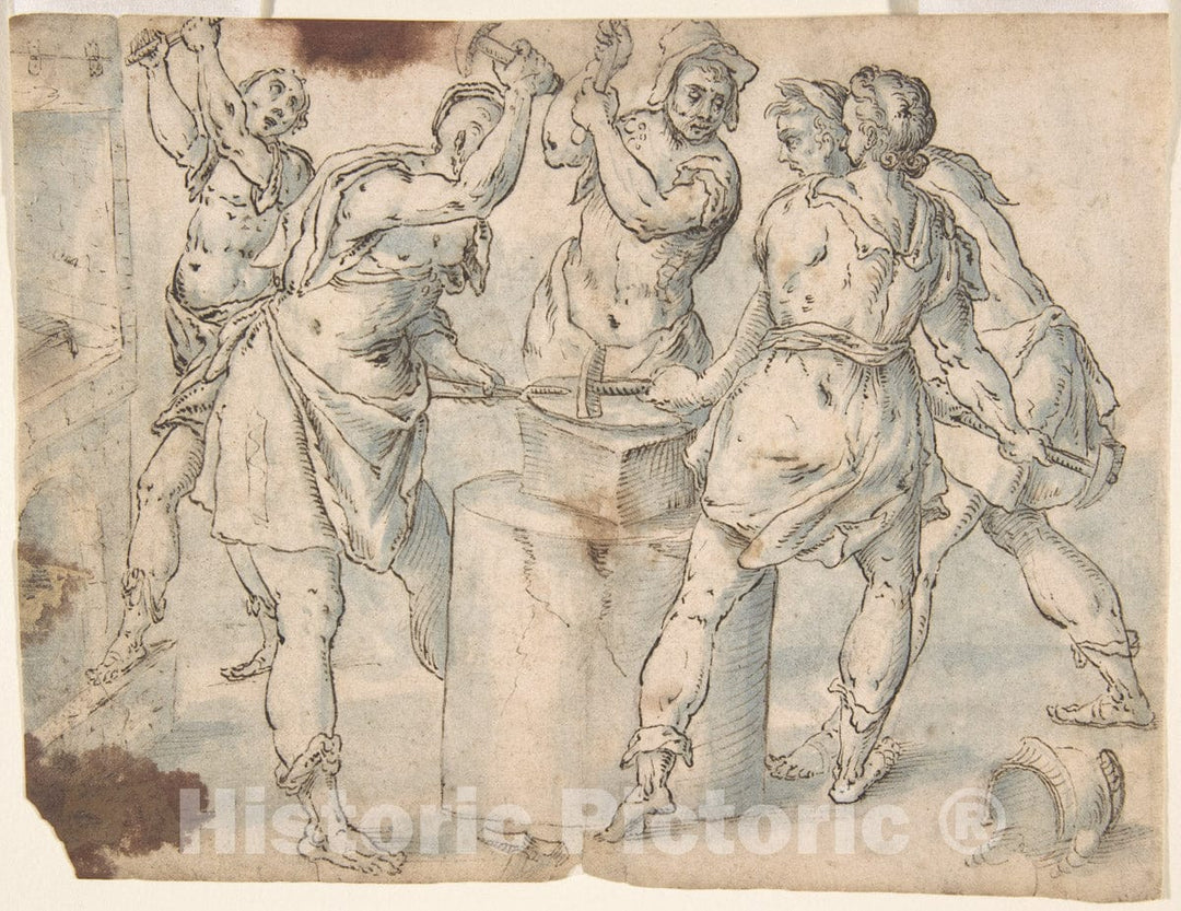 Art Print : Netherlandish, 16th Century - Five Men Around an Anvil, Verso: Figures in a Wood (The Preaching of Saint John The Baptist?) : Vintage Wall Art