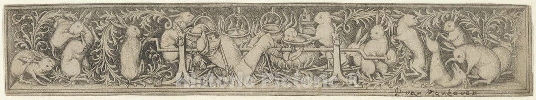 Art Print : Israhel Van Meckenem - Hares Roasting The Hunter : Vintage Wall Art