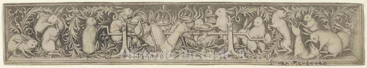 Art Print : Israhel Van Meckenem - Hares Roasting The Hunter : Vintage Wall Art