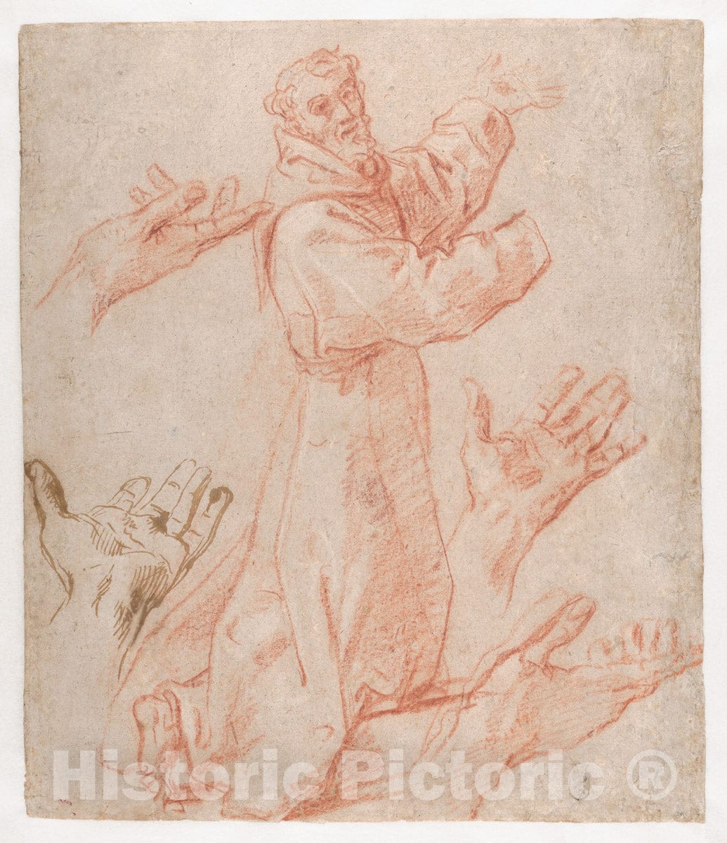 Art Print : Studies for a Figure of Saint Francis Kneeling in a Three-Quarter View and for His Hands - Artist: Annibale Carracci - Created: 1583–85 : Vintage Wall Art