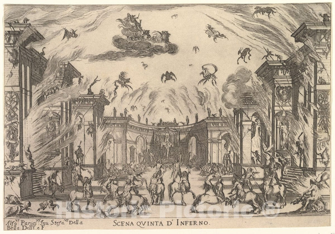 Art Print : Stefano Della Bella - Fifth Scene, The Inferno, from 'The Marriage of The Gods' (Le nozze Degli Dei) : Vintage Wall Art
