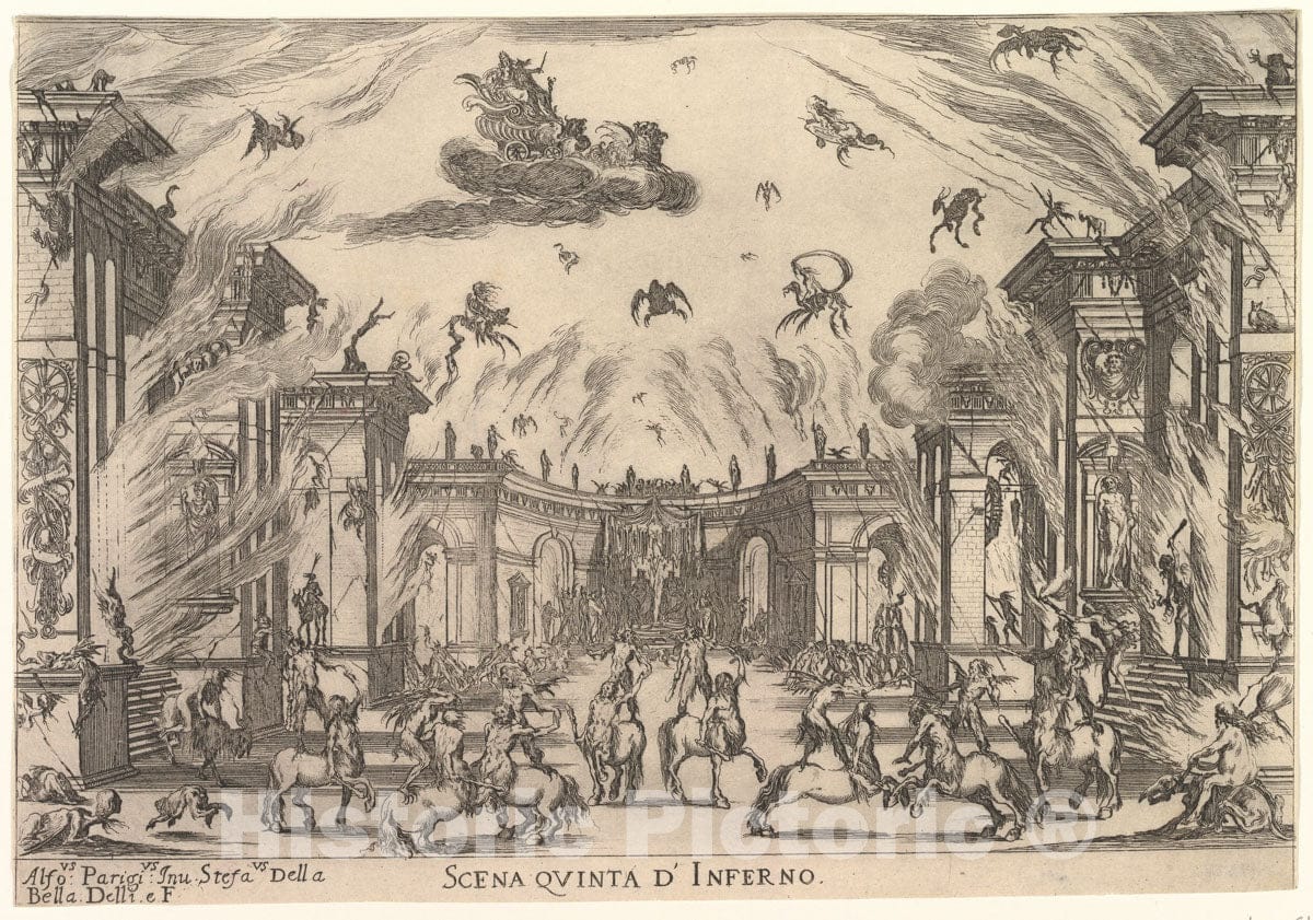Art Print : Stefano Della Bella - Fifth Scene, The Inferno, from 'The Marriage of The Gods' (Le nozze Degli Dei) : Vintage Wall Art