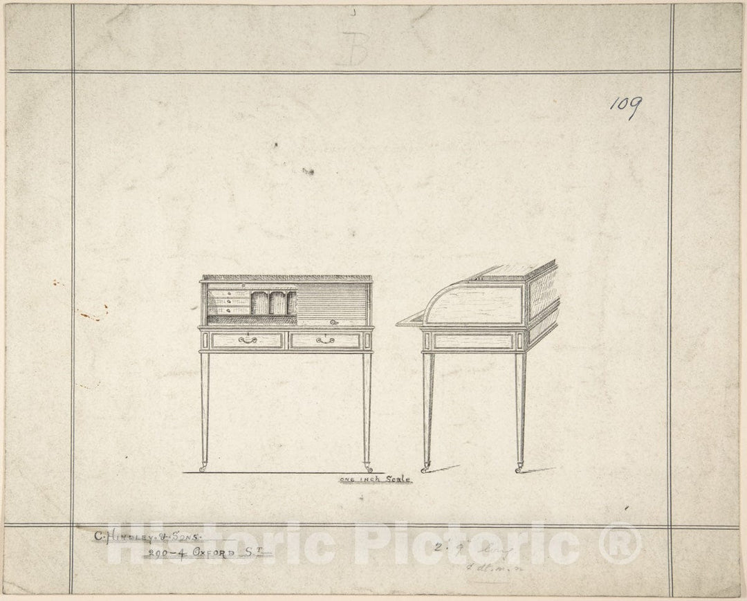 Art Print : Charles Hindley and Sons - Front and Side Views of Writing Desk : Vintage Wall Art