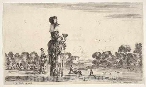 Art Print : A Lady Standing in Center Holding a Fan Watching The Bathers in The River to Right - Artist: Stefano Della Bella - Created: 1649 : Vintage Wall Art