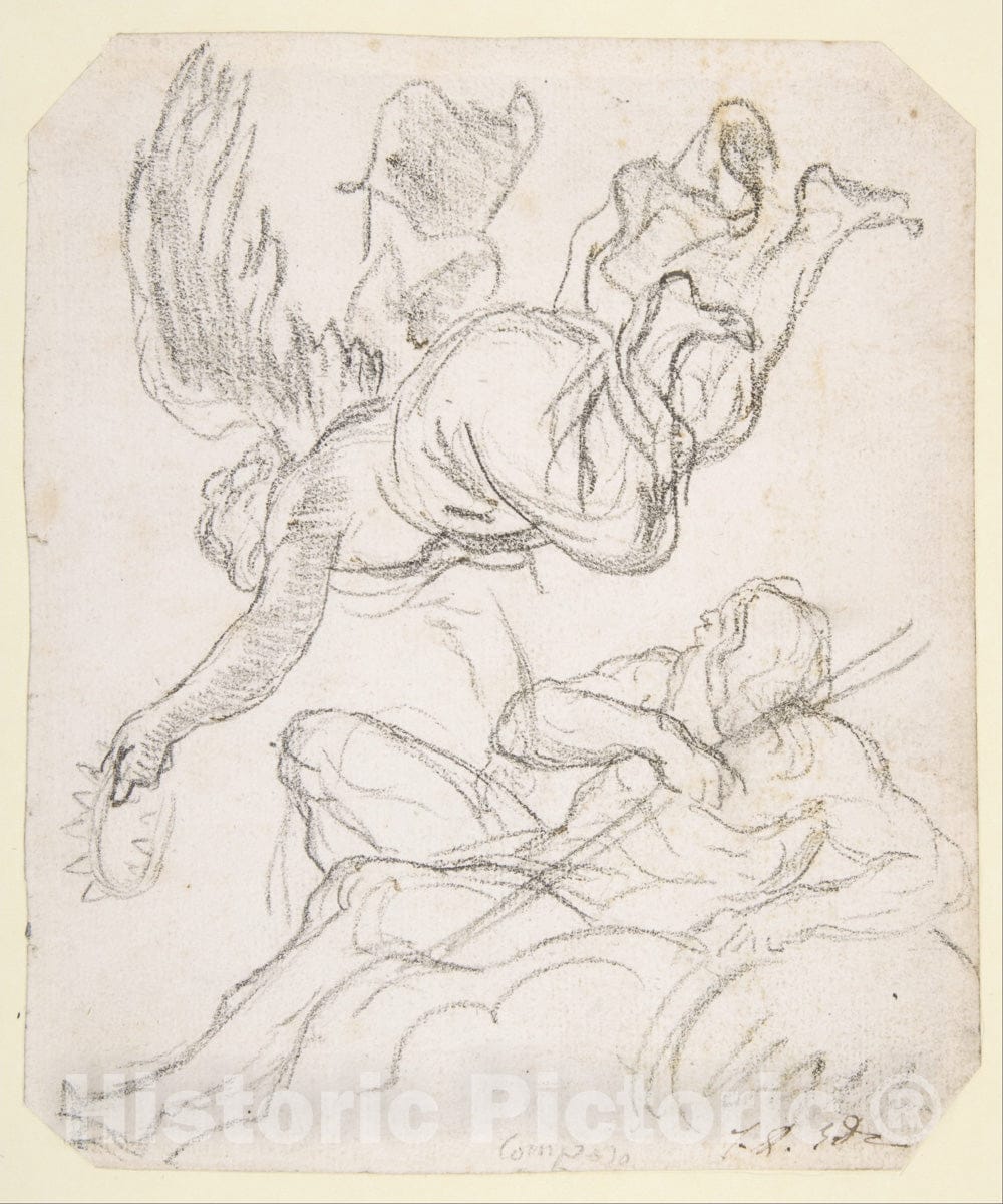 Art Print : Jacques Louis David - Flying Figure Holding a Crown, Reclining River God : Vintage Wall Art