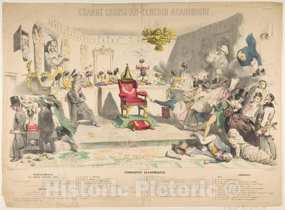Art Print : Auguste Desperret - Grand Course-au-Clocher Académique, Planche 1: Perruques Académiques : Vintage Wall Art