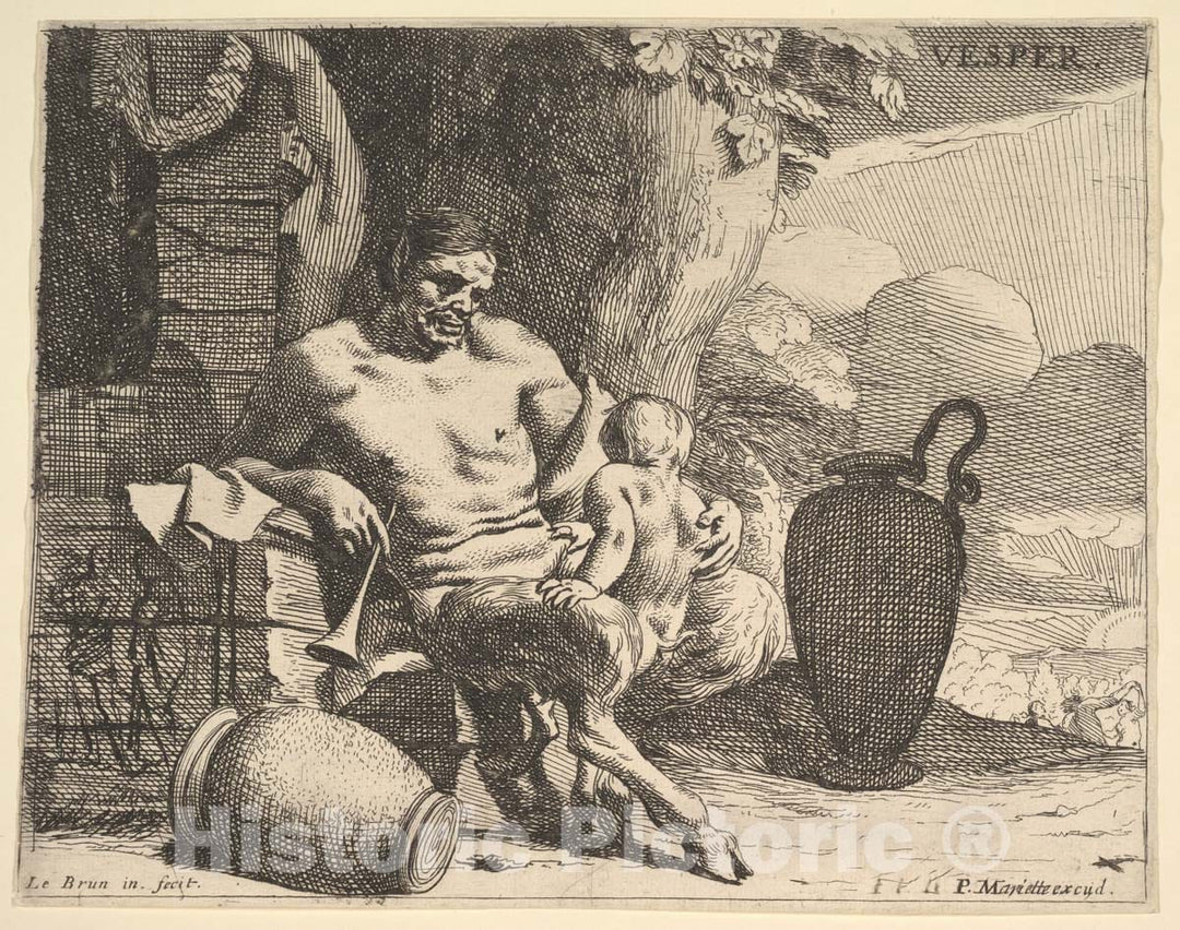 Art Print : Charles Le Brun - Evening: a Seated Satyr Clasps his Child, a Figure Hangs a Garland on a pier Beyond, from The Series 'Hours of The Day' : Vintage Wall Art
