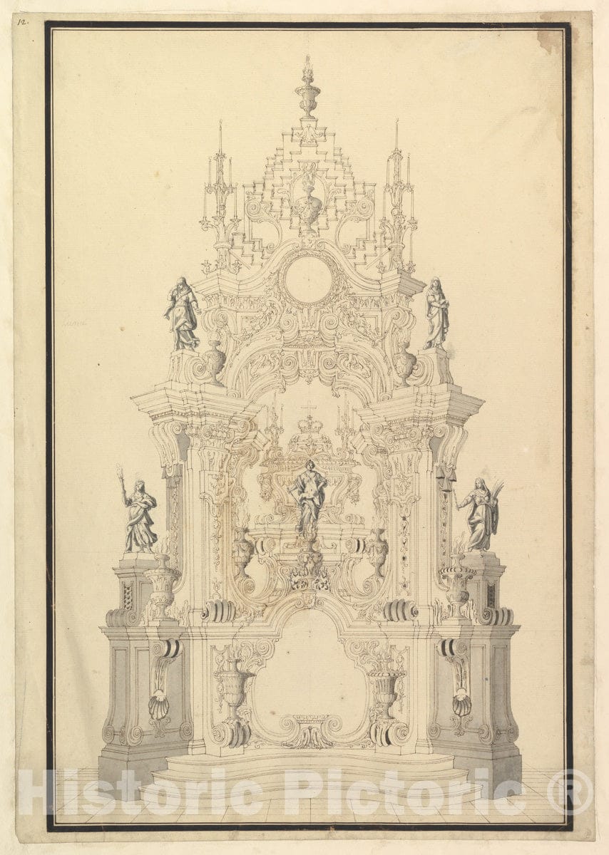 Art Print : Workshop of Giuseppe Galli Bibiena - Elevation of a Catafalque with a Royal Crown surmounting The Casket : Vintage Wall Art