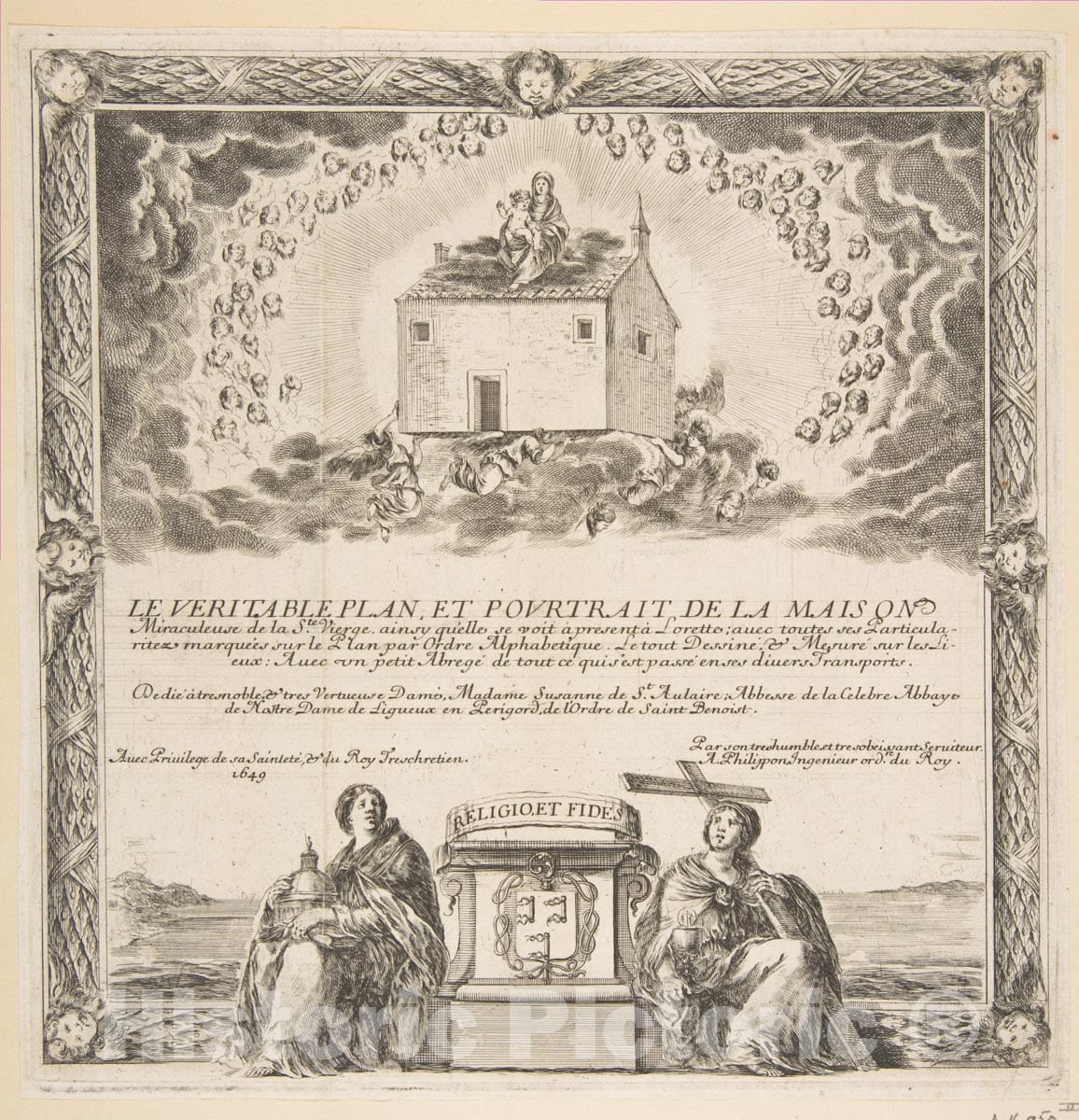 Art Print : Stefano Della Bella - Frontispiece for Le Véritable Plan et Pourtrait de la Maison de la Ste. Vierge : Vintage Wall Art