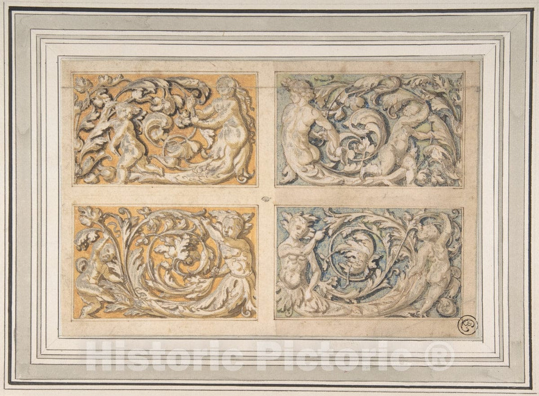 Art Print : Italian, 17th Century - Four Panels with Rinceau Motif : Vintage Wall Art