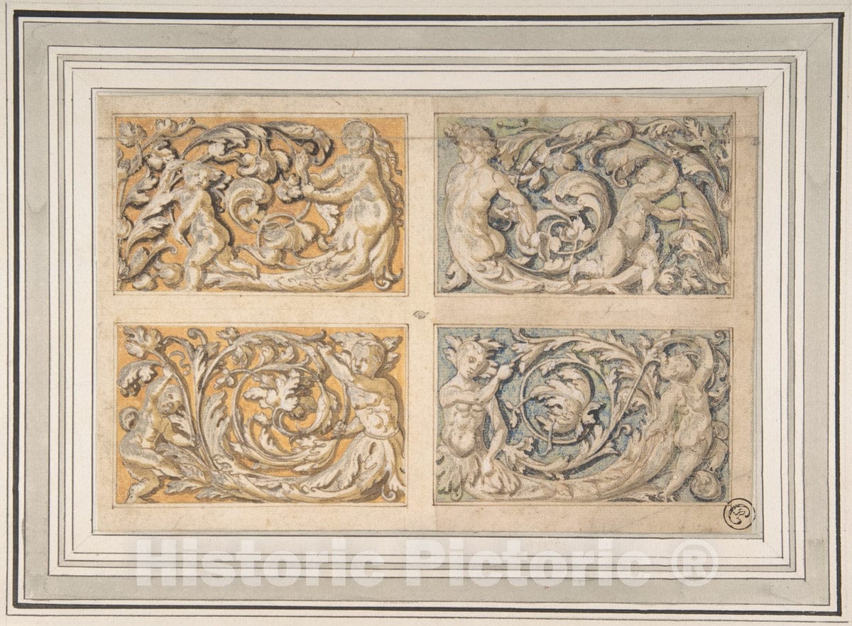 Art Print : Italian, 17th Century - Four Panels with Rinceau Motif : Vintage Wall Art