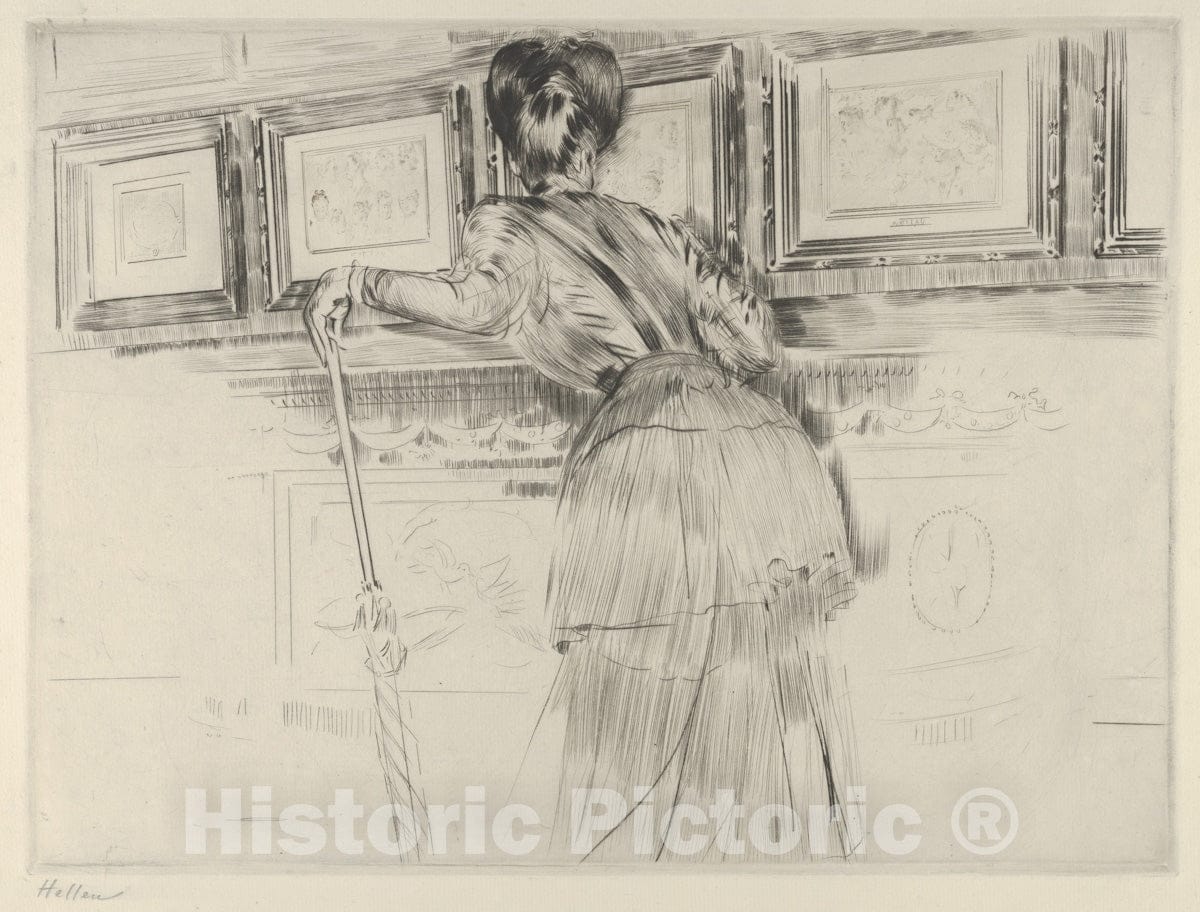 Art Print : Paul-César Helleu - Madame Helleu Looking at The Watteau Drawings in The Louvre : Vintage Wall Art