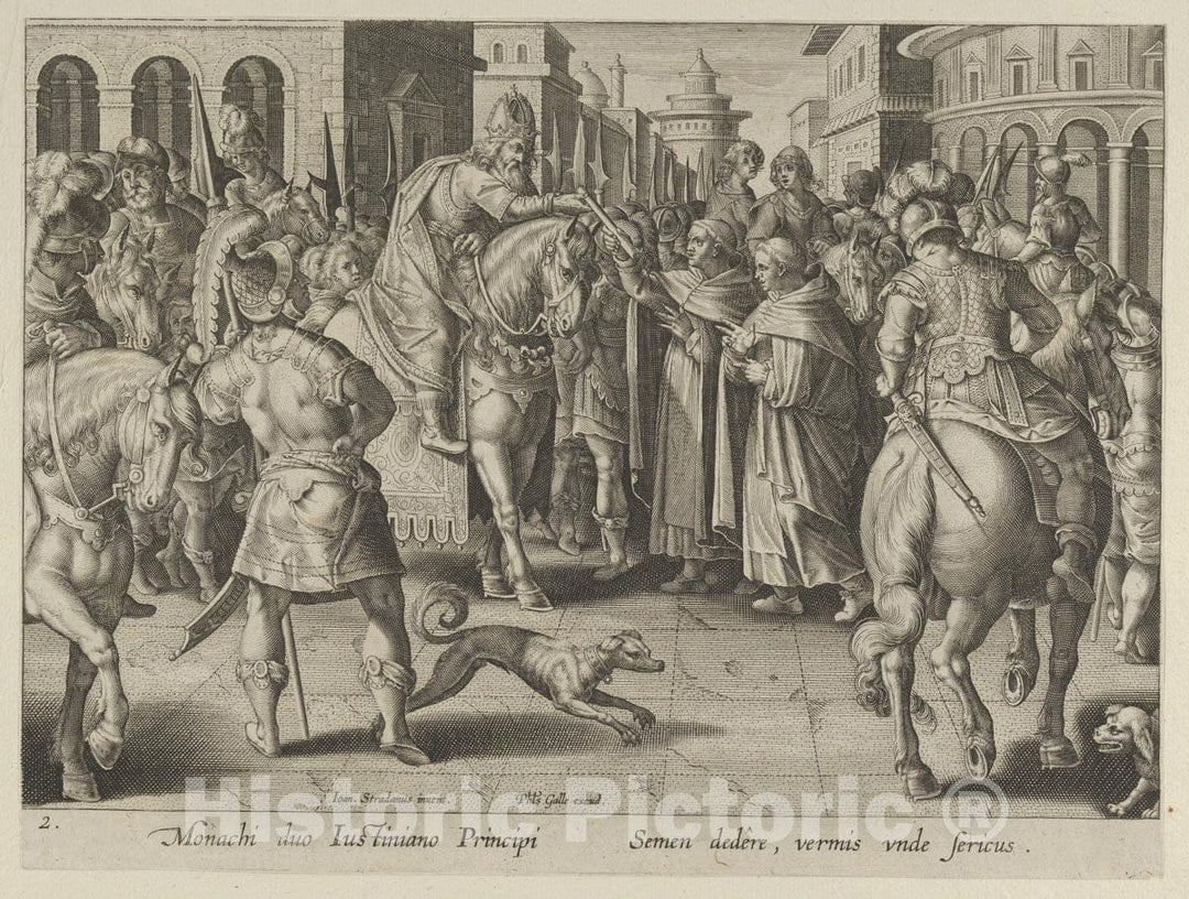 Art Print : Emperor Justinian Receiving The First Imported Silkworm Eggs from Nestorian Monks - Artist: Philips Galle - Created: c1595 : Vintage Wall Art