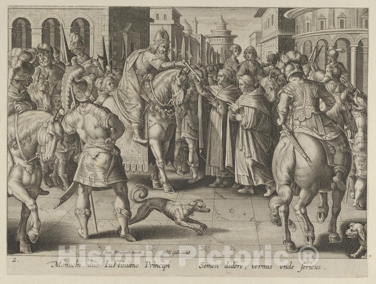 Art Print : Emperor Justinian Receiving The First Imported Silkworm Eggs from Nestorian Monks - Artist: Philips Galle - Created: c1595 : Vintage Wall Art