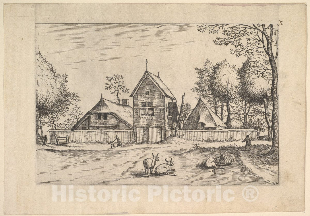 Art Print : Farmstead, Cows and Herdsman - Artist: Johannes Van Doetecum The Elder - Created: c1559 : Vintage Wall Art